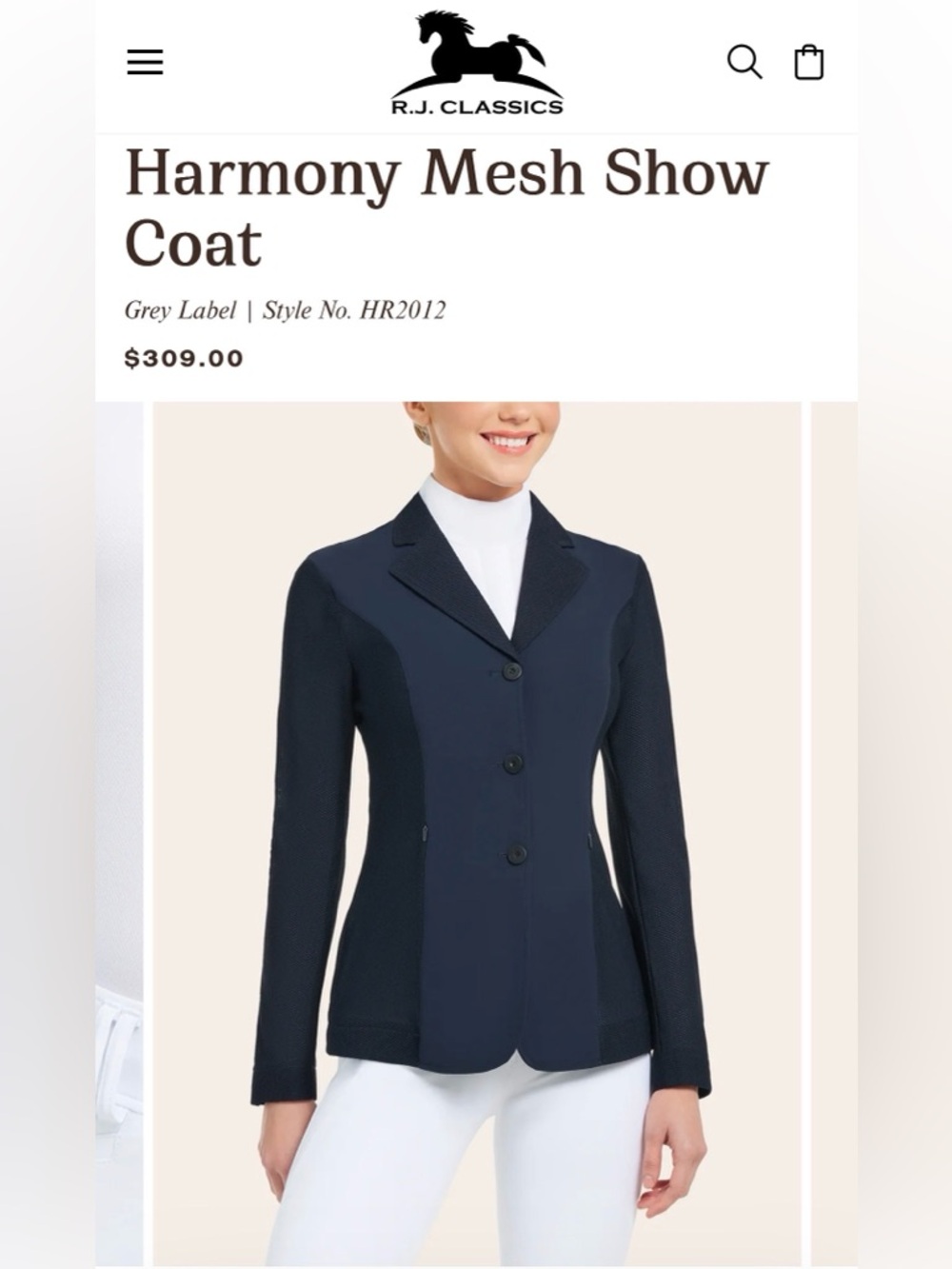 R.J. Classics Harmony Mesh Show Coat - Navy